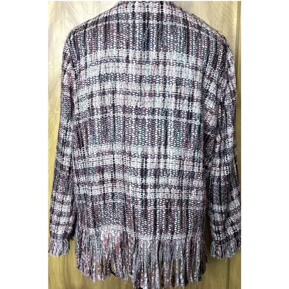 Anthropologie ETT:IWA Sz L LS Tweed Fringe Snap Frnt Brn Cream Rust Green Jacket - Picture 3 of 8